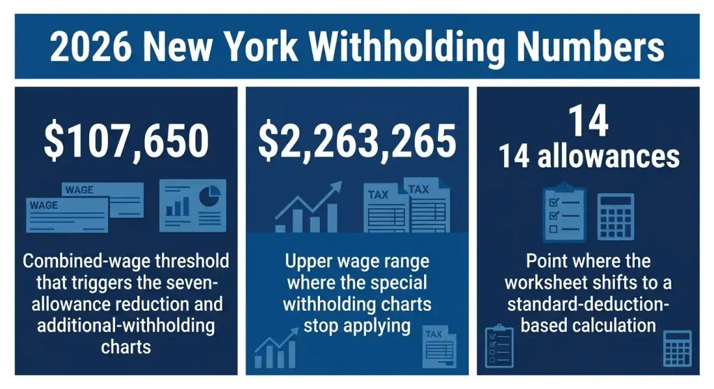 2026 New York IT-2104 withholding thresholds including the 7,650 combined-wage limit