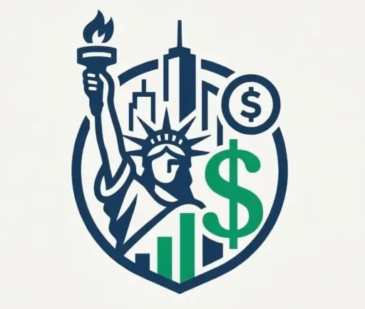 Official logo mark for NY Paycheck Calculator featuring the Statue of Liberty, NYC skyline, dollar symbol, and financial growth chart inside a shield.
