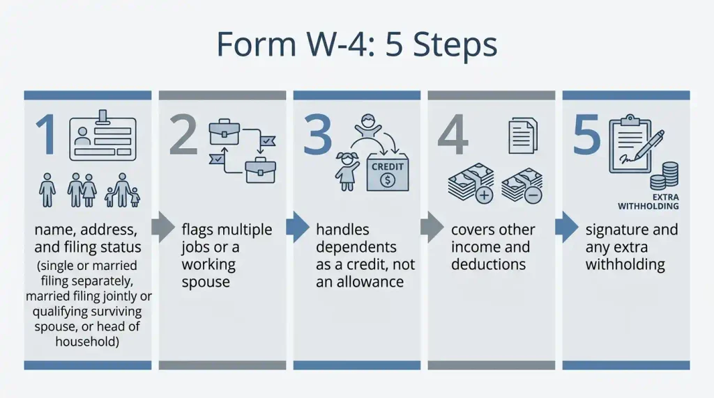 The five steps of the 2026 Form W-4 from filing status to signature and extra withholding