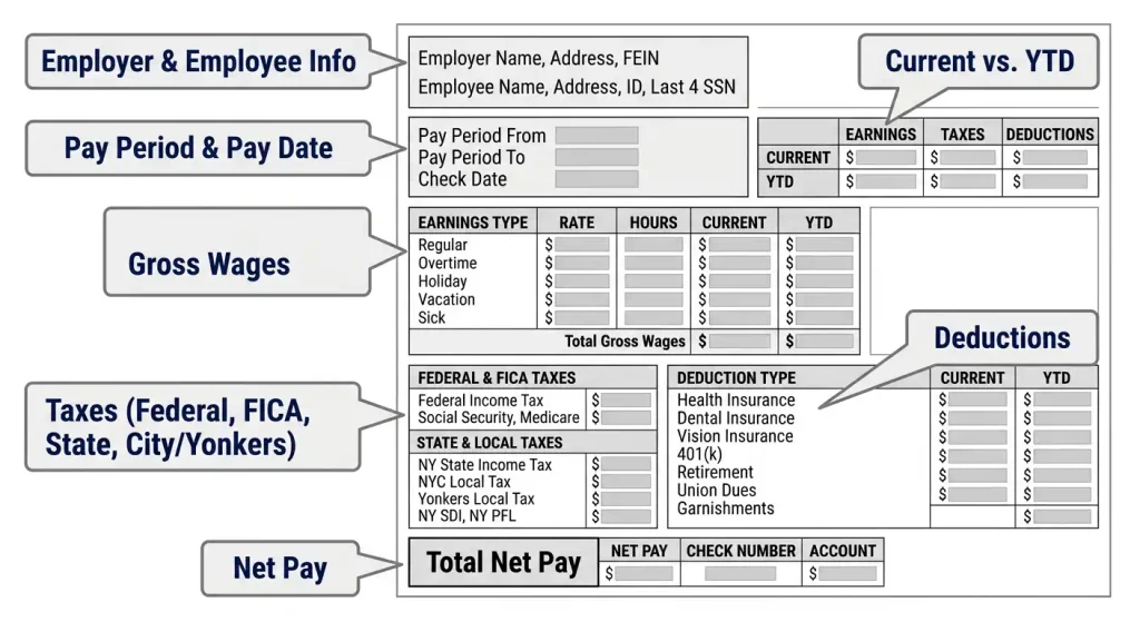 Labeled diagram showing the main sections of a New York pay stub