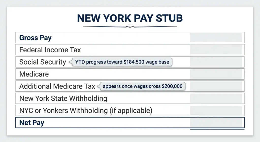 Labeled diagram of a New York pay stub showing federal, Social Security, Medicare, state, and local tax withholding lines