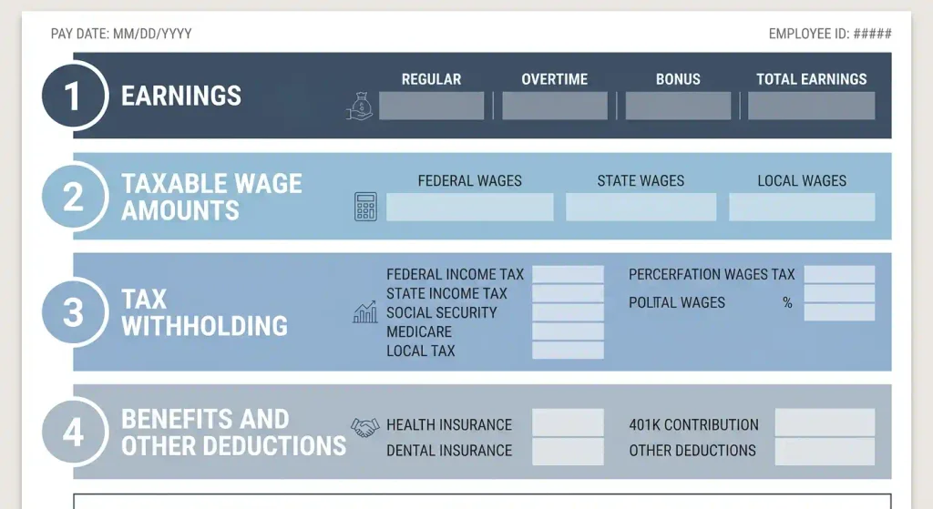 Labeled diagram of a New York pay stub showing earnings, taxable wages, tax withholding, and benefit deduction sections in order