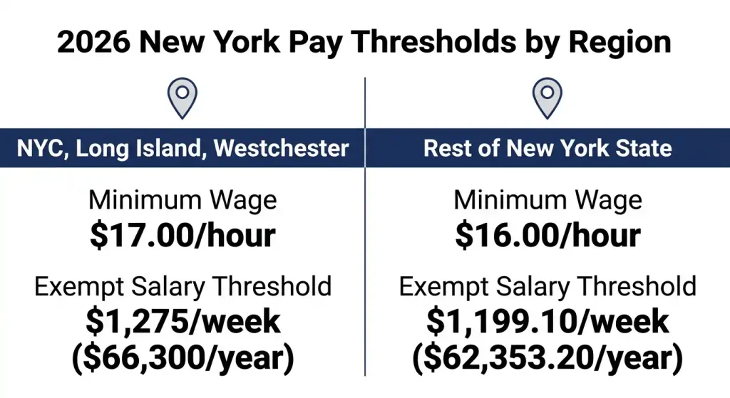 2026 New York minimum wage and exempt salary threshold comparison by region