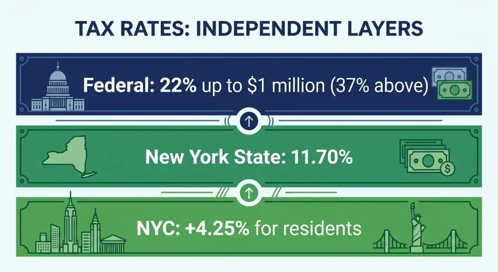 Diagram of federal, New York State, and NYC bonus withholding rates for 2026