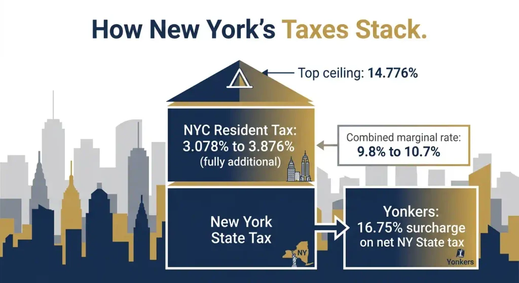 Diagram showing how New York City and Yonkers taxes stack on top of New York State tax in 2026