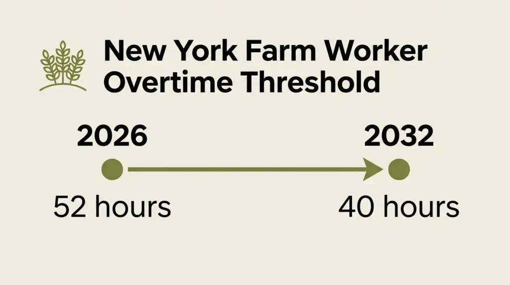 New York farm worker overtime threshold timeline from 52 hours in 2026 to 40 hours in 2032