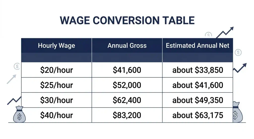 Table showing New York hourly wages converted to annual gross pay and estimated take-home pay