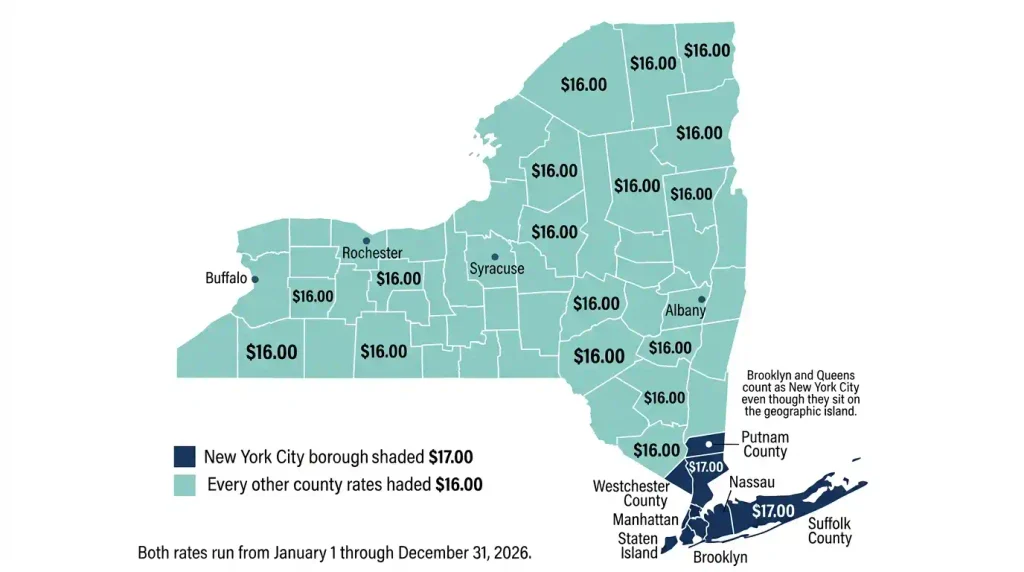 Map of New York State showing the $17.00 minimum wage area (New York City, Long Island, Westchester) and the $16.00 area for the rest of the state in 2026.