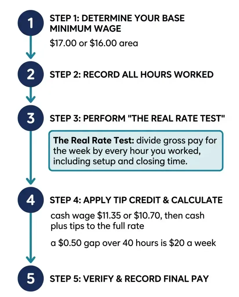 Five-step flowchart to check if a New York paycheck meets the 2026 minimum wage, including the Real Rate Test.
