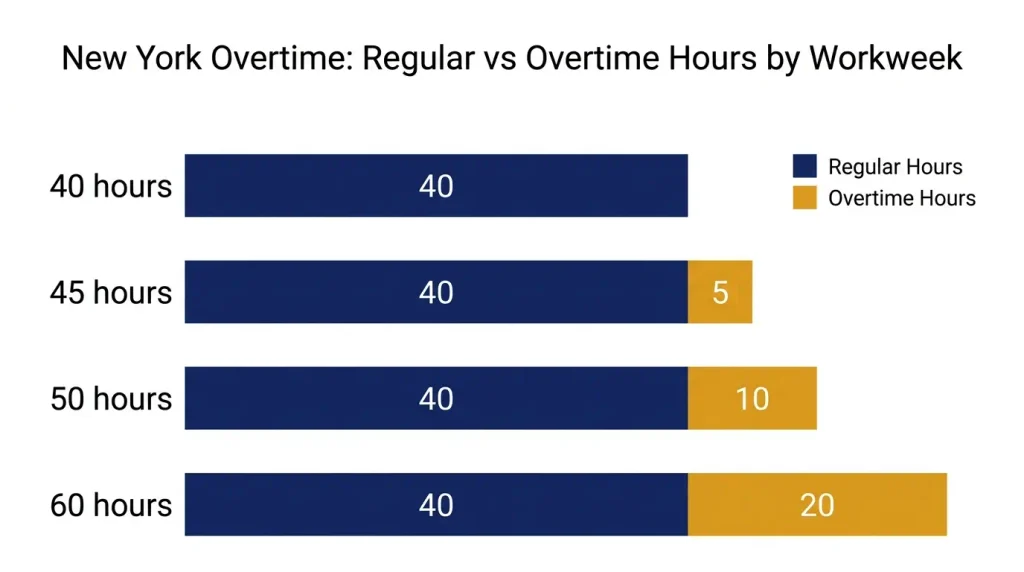 New York overtime hours comparison chart showing regular versus overtime hours at 40, 45, 50, and 60 hour workweeks