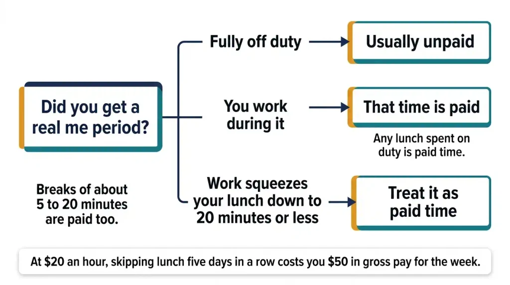 Decision chart showing when a New York meal break is unpaid and when it is paid, including working during lunch and breaks of about 5 to 20 minutes.