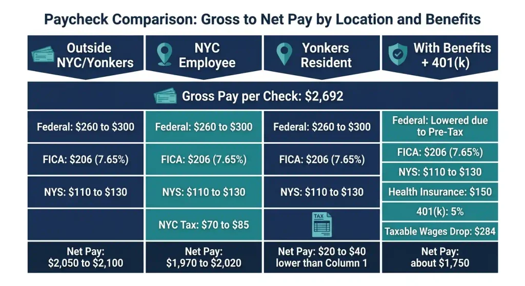 Comparison chart of New York paycheck deductions and net pay for a ,000 salary outside NYC, in NYC, in Yonkers, and with benefits