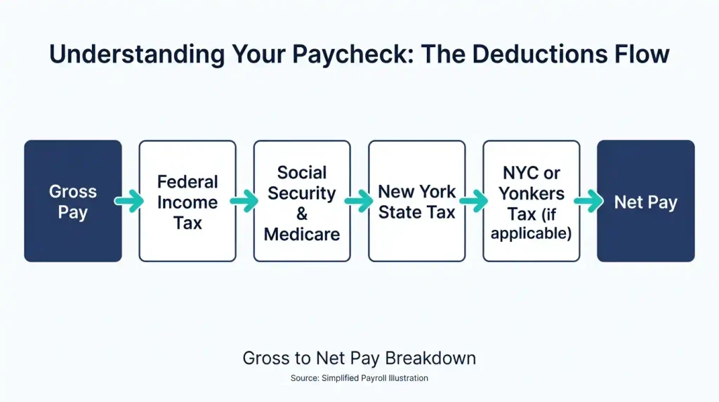 Flow diagram showing how a New York paycheck moves from gross pay through federal, state, and local tax deductions to net pay