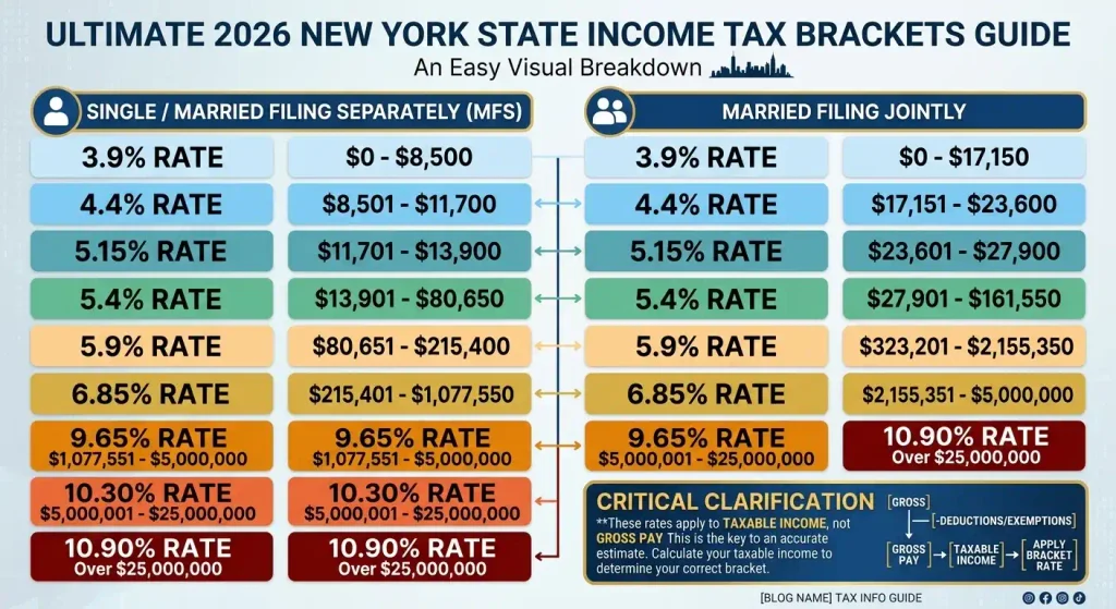 2026 New York tax brackets chart showing rates from 3.9% to 10.90% by filing status