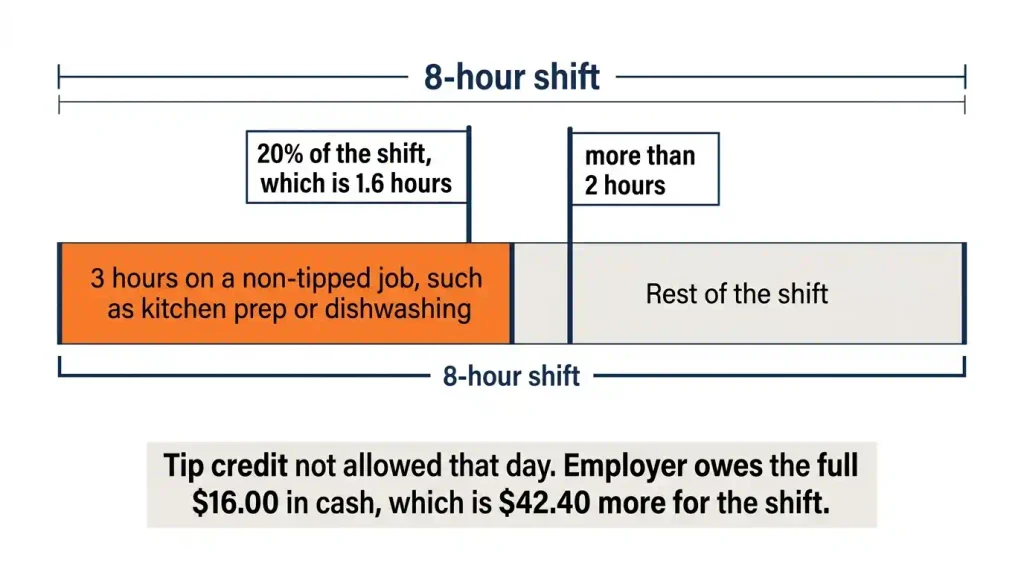 Shift timeline showing a Buffalo server spending 3 hours of an 8-hour shift on non-tipped work, passing the two-hour and 20% tip credit limits.