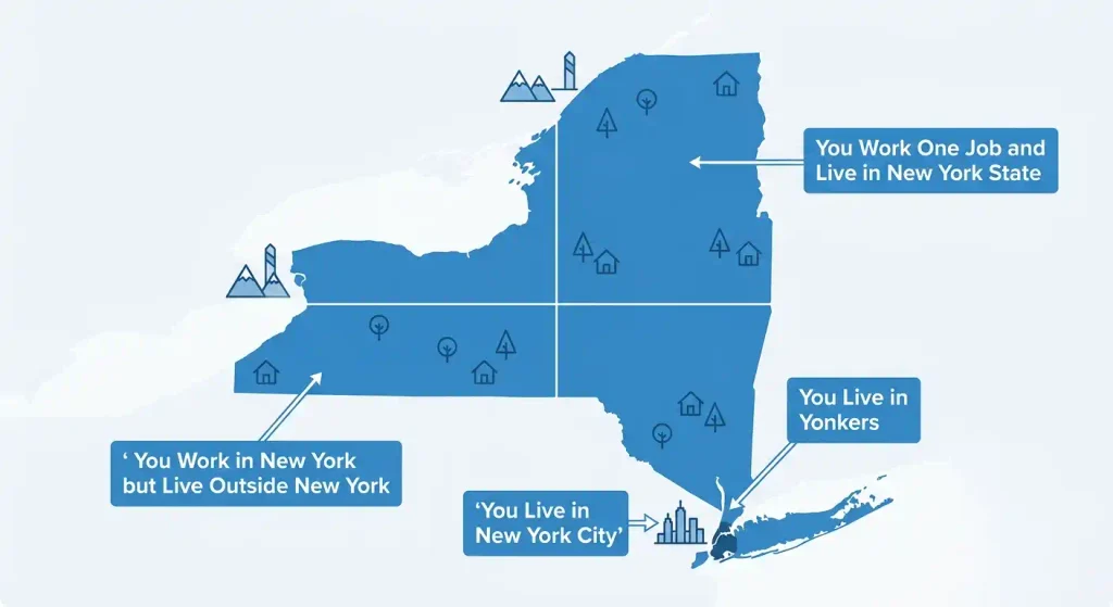 Map showing which New York W-4 and IT-2104 situation applies by residency, NYC, Yonkers, or outside New York