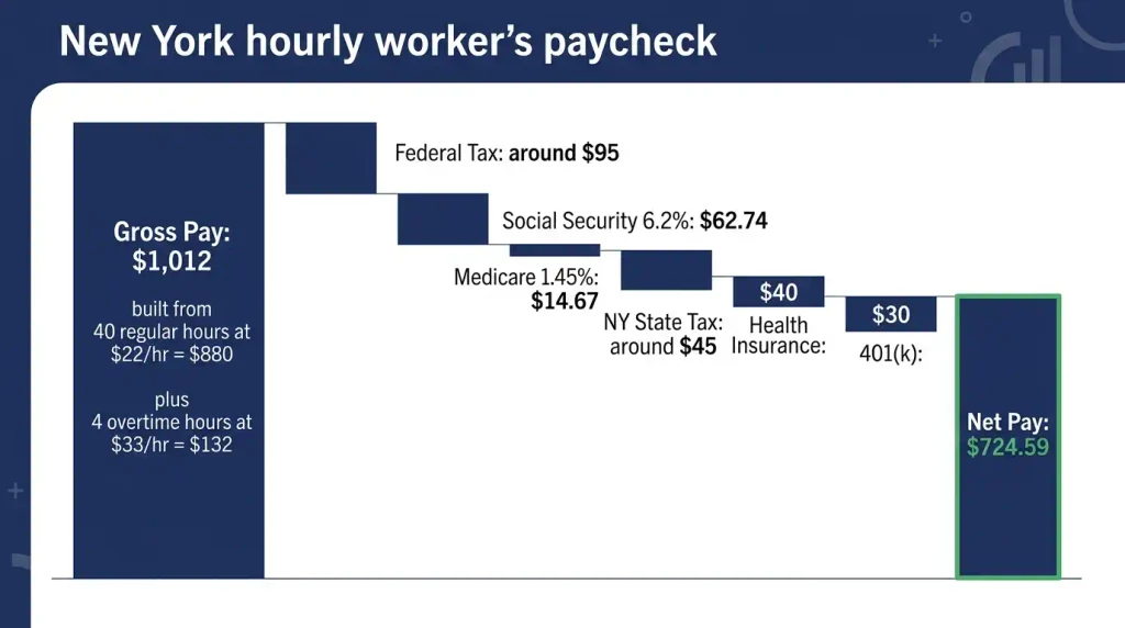 New York pay stub example showing gross pay of ,012 broken down into taxes, deductions, and 4.59 net pay