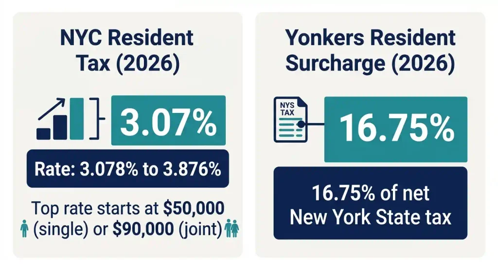 2026 comparison of NYC resident income tax rates and the Yonkers surcharge on New York State tax