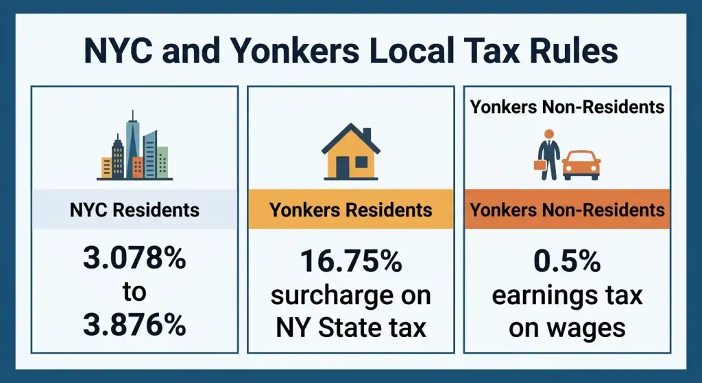 Comparison of NYC local tax rate and Yonkers resident versus non-resident tax rates for 2026